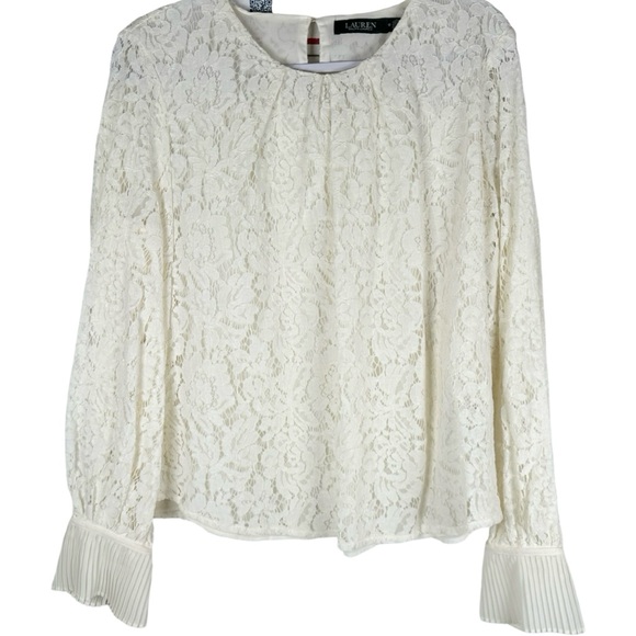 Lauren Ralph Lauren Tops - Lauren Ralph Lauren White Lace Long Sleeve Pleated Cuff Blouse Women’s Size 12